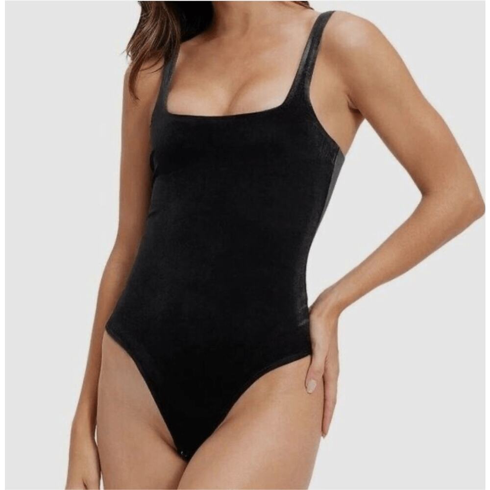 Good American Black Velvet Cheeky Bodysuit Square Neck Size 6=3X or 22-24 NWT